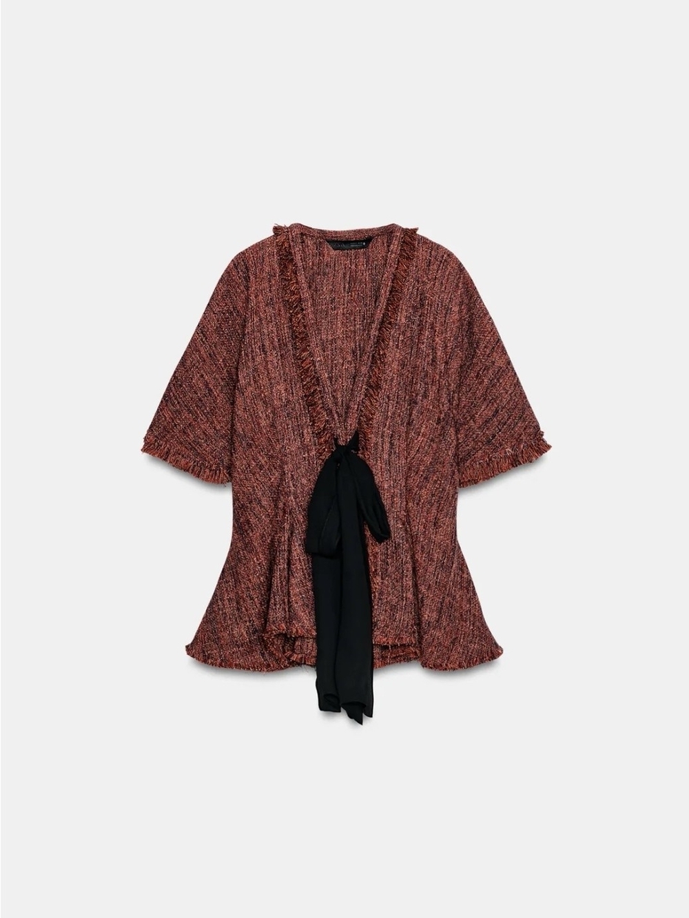Zara Rust Tweed Tie-Front Cardigan with Black Bow